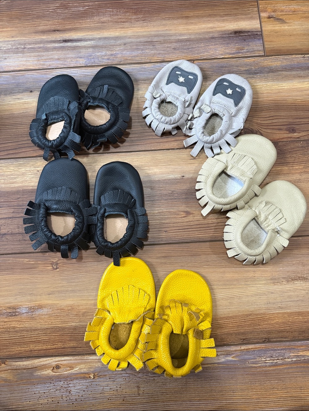 Baby Leather Fringe Moccasins - Black, Beige, Cream & Yellow